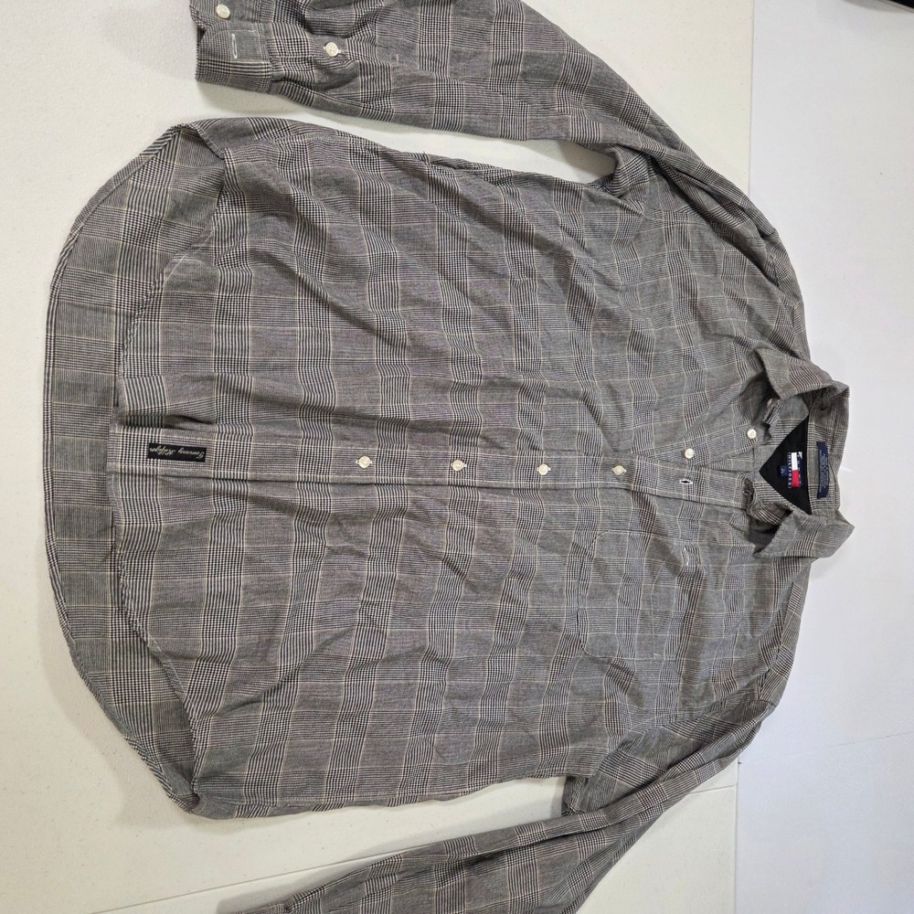Tommy Hilfiger Mens Large Gray Glen Plaid Cotton Long Sleeve Button Down Shirt